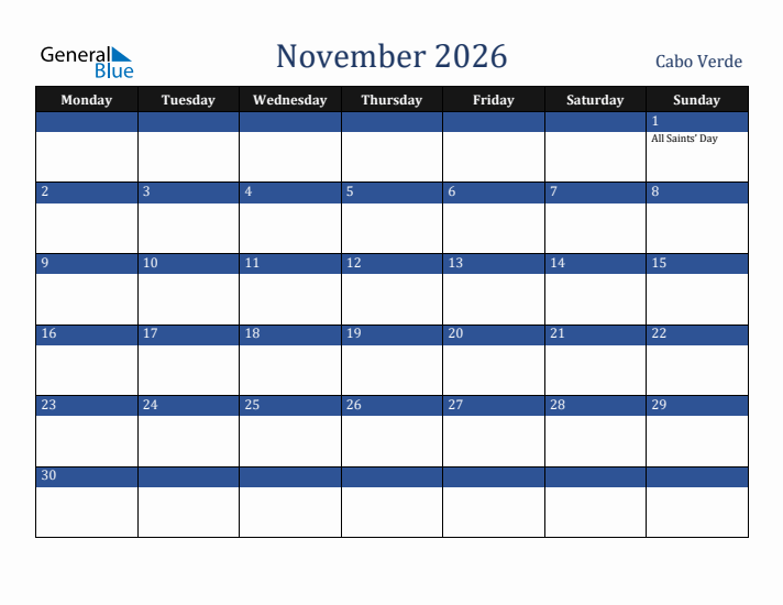 November 2026 Cabo Verde Calendar (Monday Start)