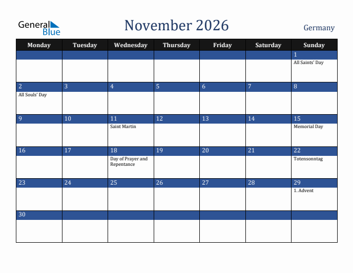 November 2026 Germany Calendar (Monday Start)