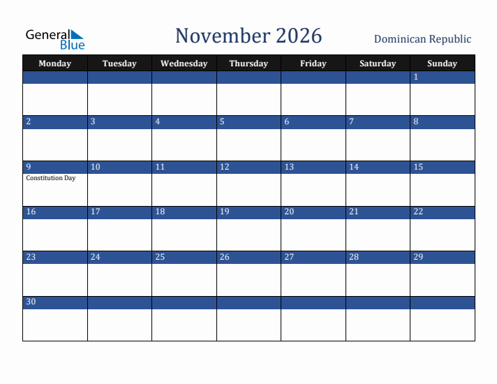 November 2026 Dominican Republic Calendar (Monday Start)