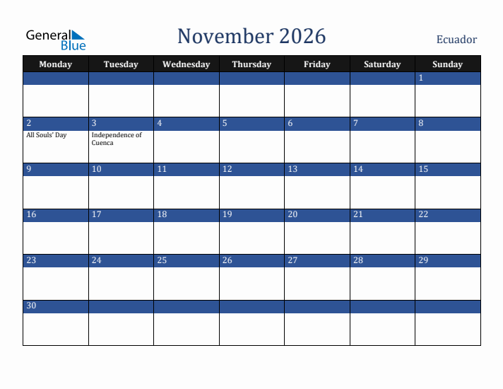 November 2026 Ecuador Calendar (Monday Start)