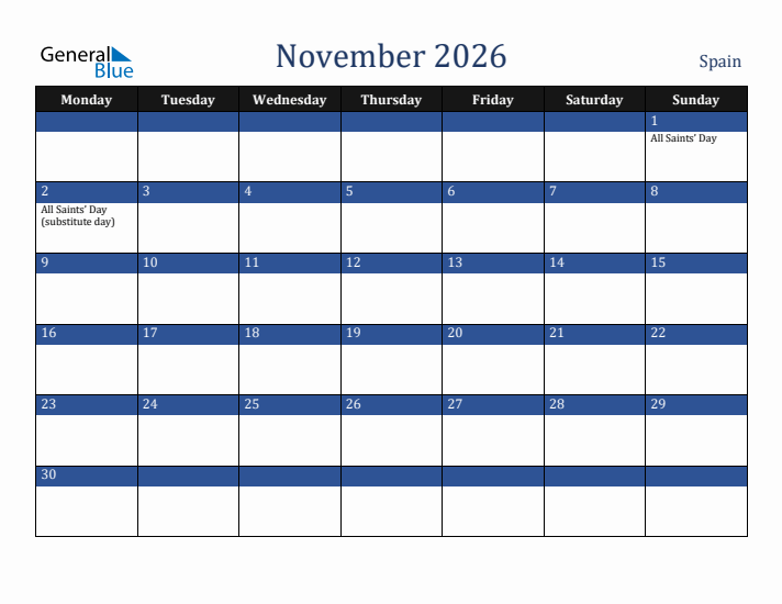 November 2026 Spain Calendar (Monday Start)