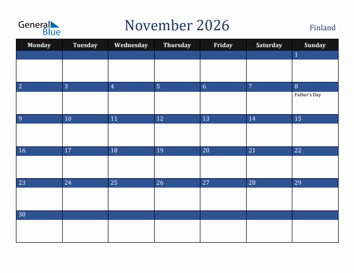 November 2026 Finland Calendar (Monday Start)