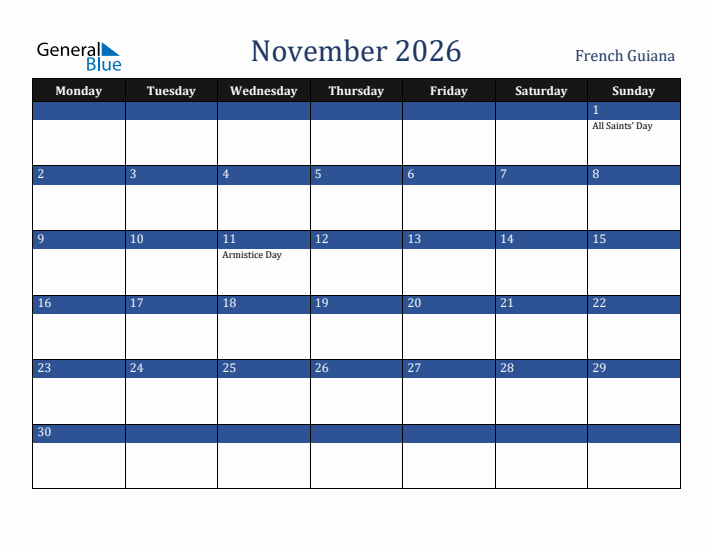 November 2026 French Guiana Calendar (Monday Start)