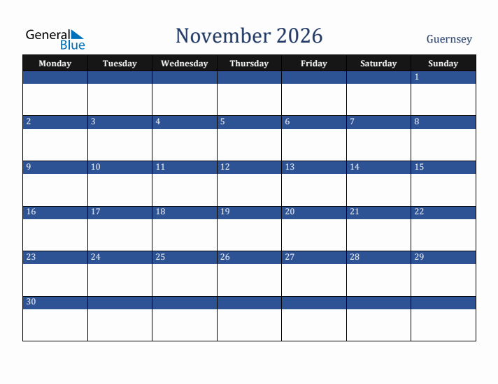 November 2026 Guernsey Calendar (Monday Start)