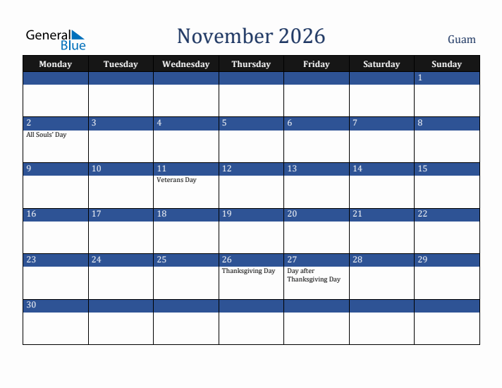 November 2026 Guam Calendar (Monday Start)