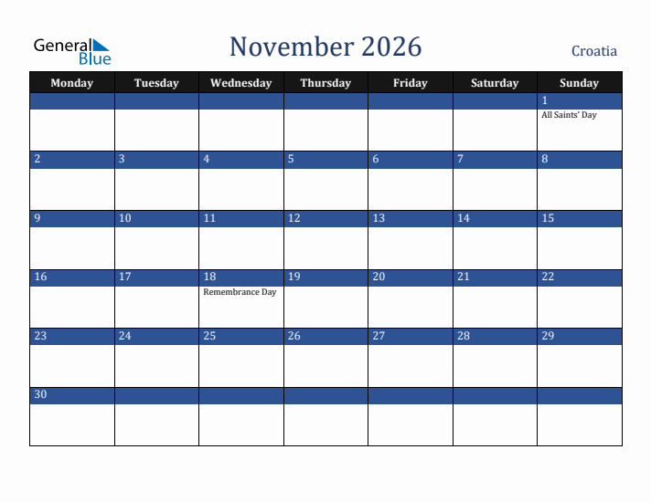 November 2026 Croatia Calendar (Monday Start)
