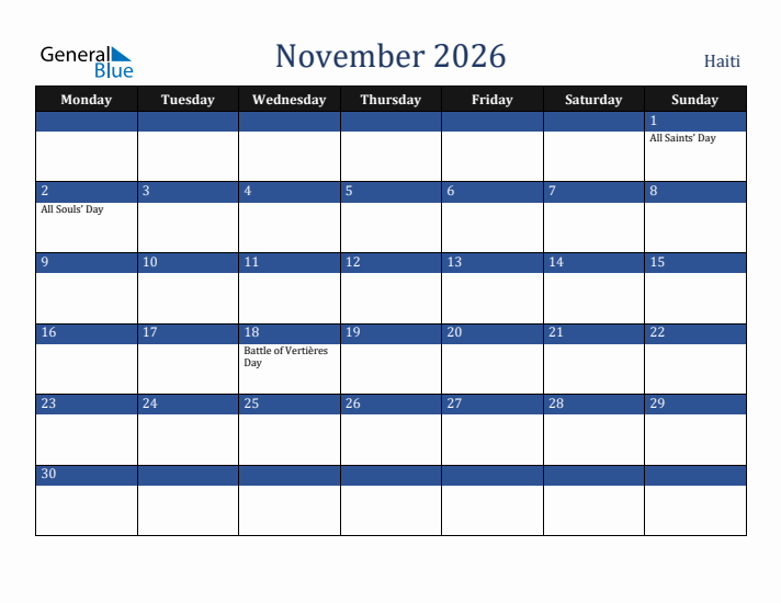 November 2026 Haiti Calendar (Monday Start)
