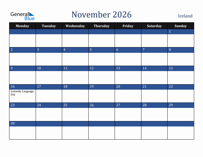 November 2026 Iceland Calendar (Monday Start)