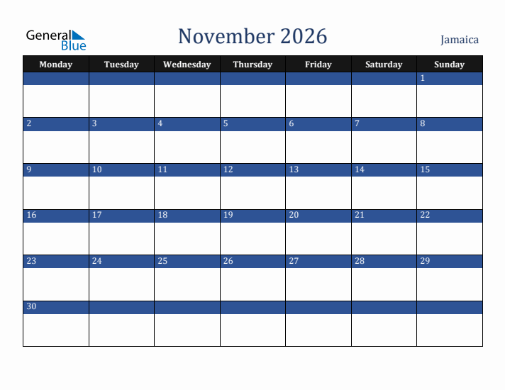 November 2026 Jamaica Calendar (Monday Start)