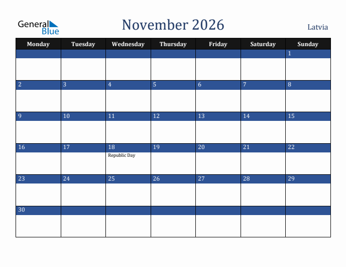 November 2026 Latvia Calendar (Monday Start)