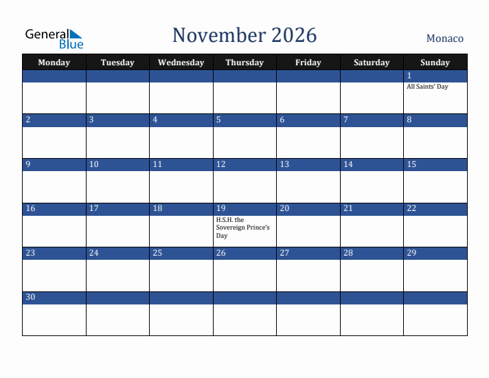 November 2026 Monaco Calendar (Monday Start)