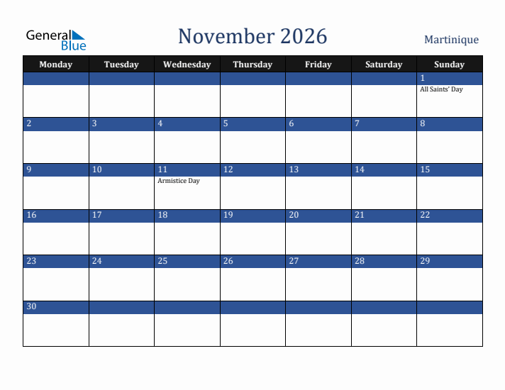 November 2026 Martinique Calendar (Monday Start)