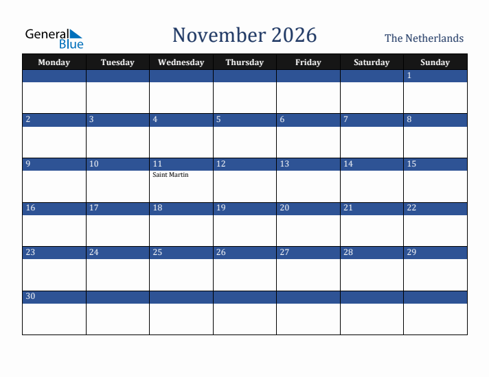 November 2026 The Netherlands Calendar (Monday Start)