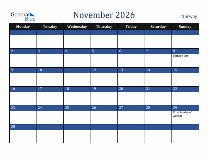 November 2026 Norway Calendar (Monday Start)