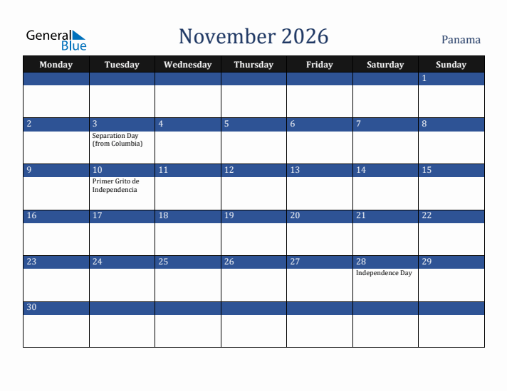 November 2026 Panama Calendar (Monday Start)