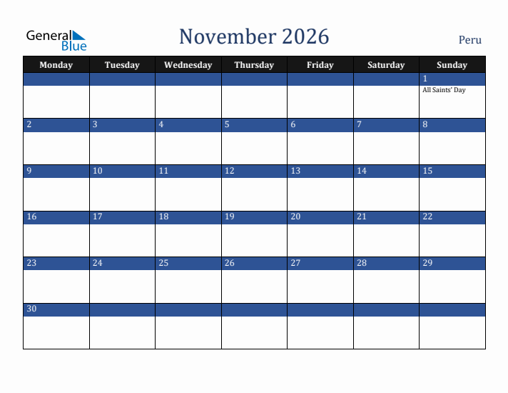 November 2026 Peru Calendar (Monday Start)
