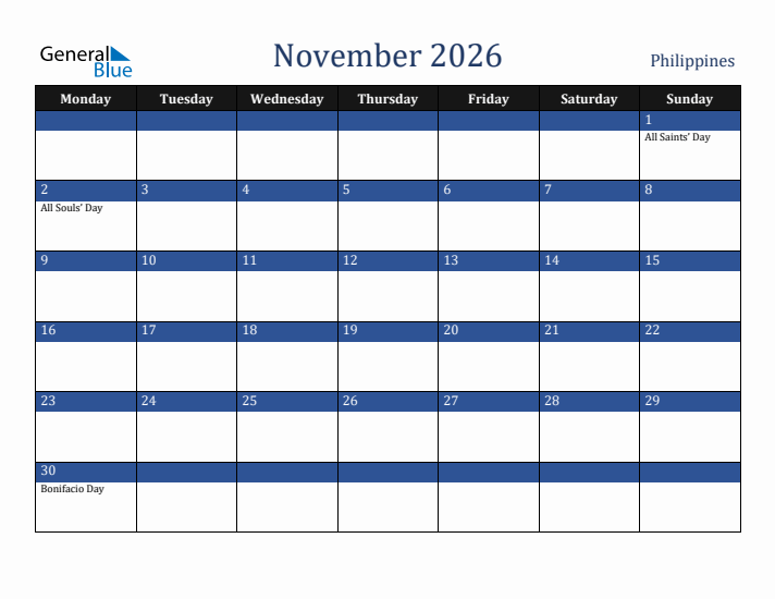 November 2026 Philippines Calendar (Monday Start)
