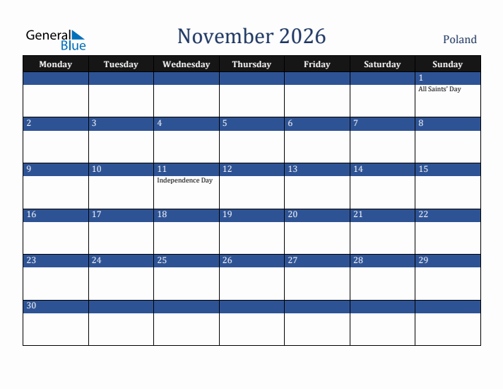 November 2026 Poland Calendar (Monday Start)