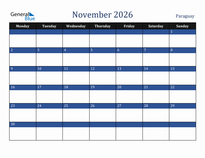 November 2026 Paraguay Calendar (Monday Start)