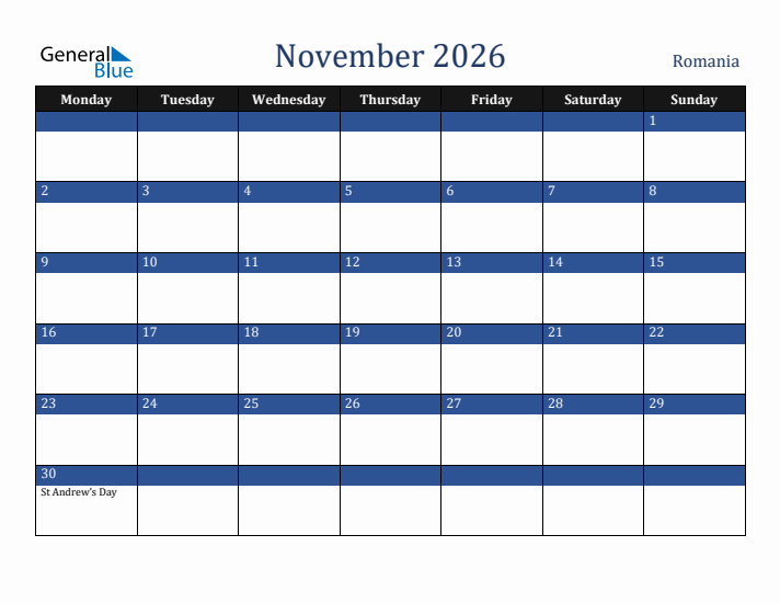 November 2026 Romania Calendar (Monday Start)
