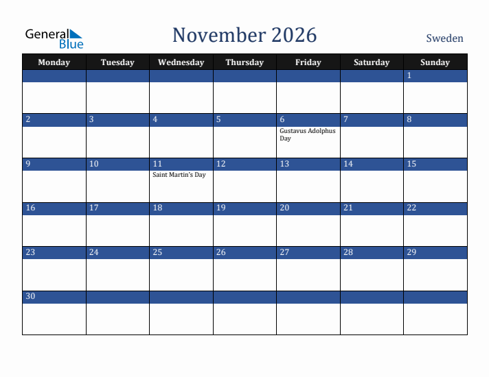 November 2026 Sweden Calendar (Monday Start)