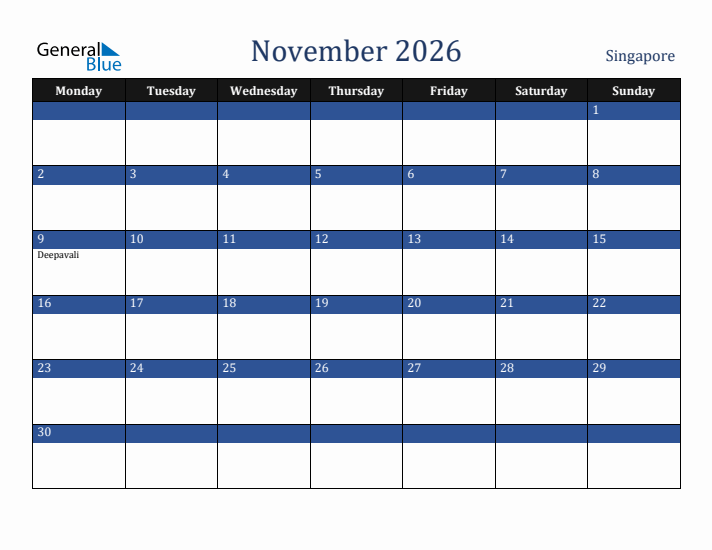 November 2026 Singapore Calendar (Monday Start)