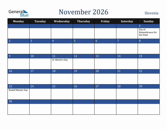 November 2026 Slovenia Calendar (Monday Start)