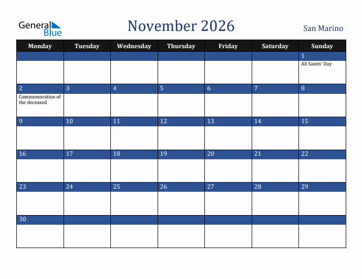 November 2026 San Marino Calendar (Monday Start)