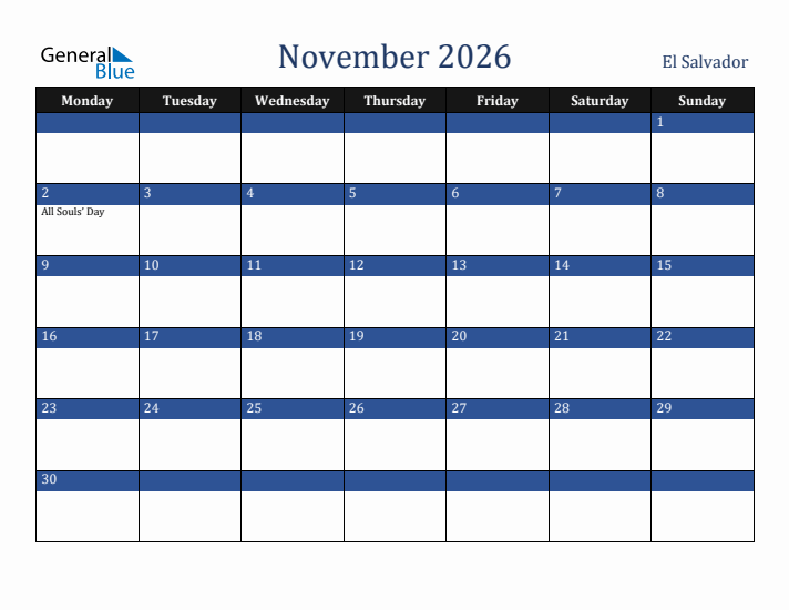 November 2026 El Salvador Calendar (Monday Start)
