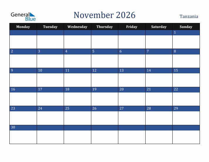 November 2026 Tanzania Calendar (Monday Start)
