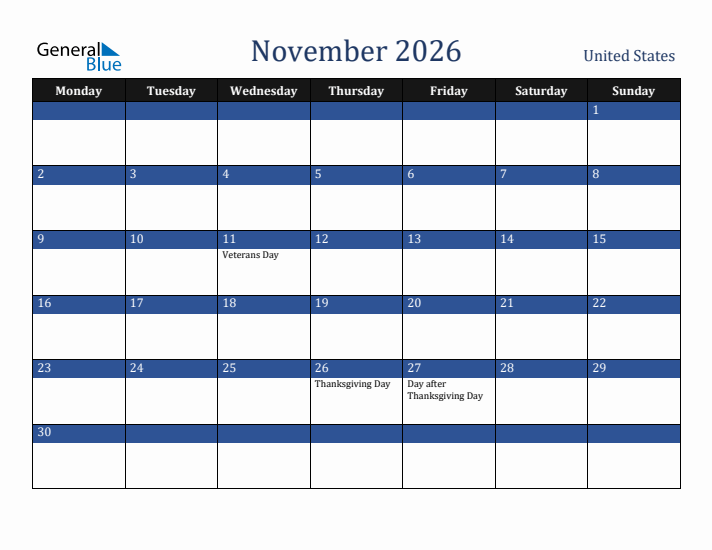 November 2026 United States Calendar (Monday Start)