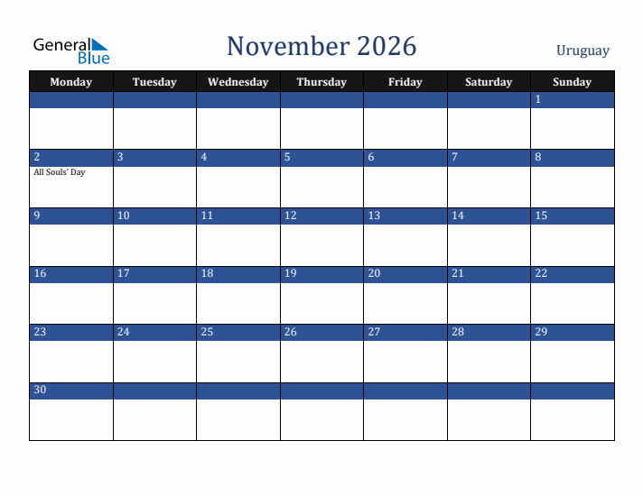 November 2026 Uruguay Calendar (Monday Start)