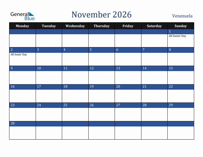 November 2026 Venezuela Calendar (Monday Start)