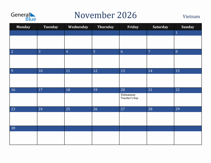 November 2026 Vietnam Calendar (Monday Start)