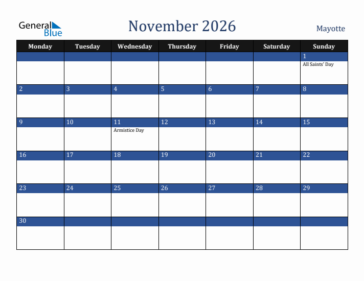 November 2026 Mayotte Calendar (Monday Start)