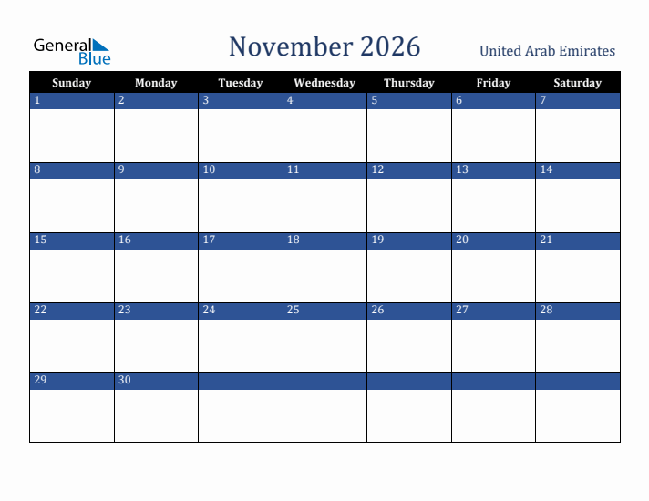 November 2026 United Arab Emirates Calendar (Sunday Start)