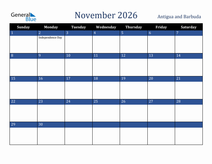 November 2026 Antigua and Barbuda Calendar (Sunday Start)