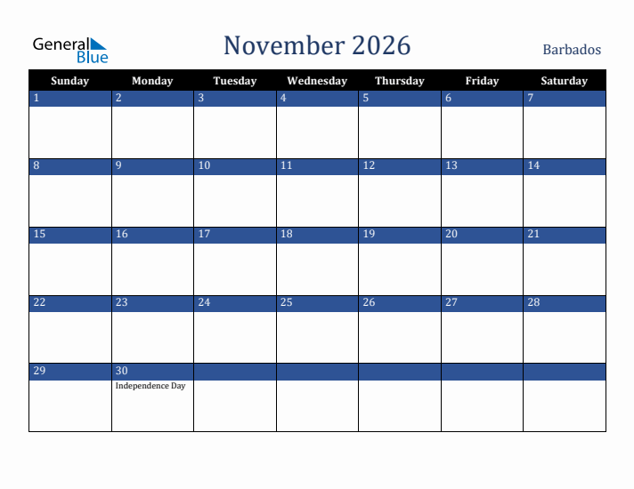 November 2026 Barbados Calendar (Sunday Start)