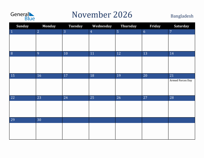 November 2026 Bangladesh Calendar (Sunday Start)
