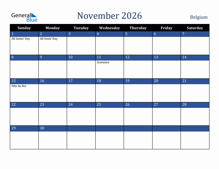 November 2026 Belgium Calendar (Sunday Start)
