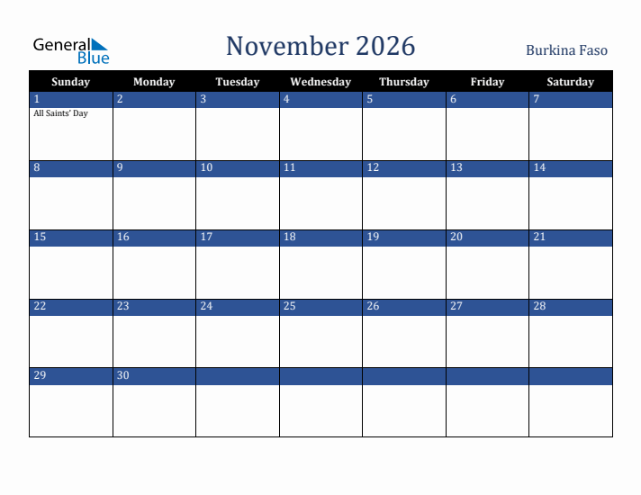 November 2026 Burkina Faso Calendar (Sunday Start)