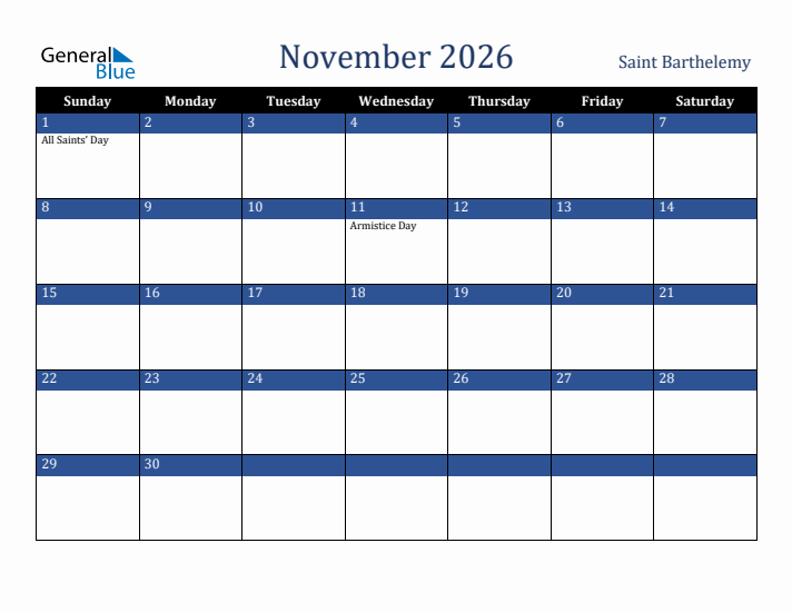 November 2026 Saint Barthelemy Calendar (Sunday Start)