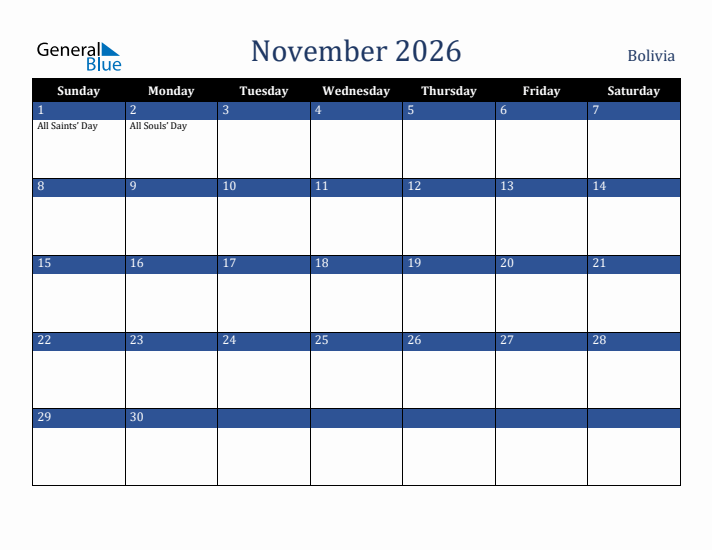 November 2026 Bolivia Calendar (Sunday Start)