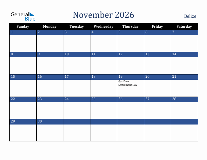 November 2026 Belize Calendar (Sunday Start)