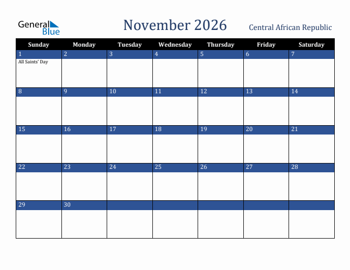 November 2026 Central African Republic Calendar (Sunday Start)