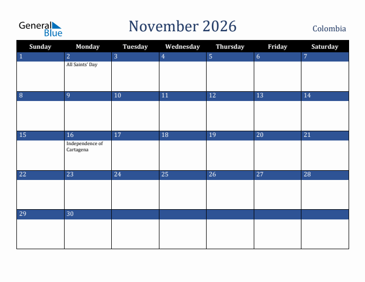 November 2026 Colombia Calendar (Sunday Start)