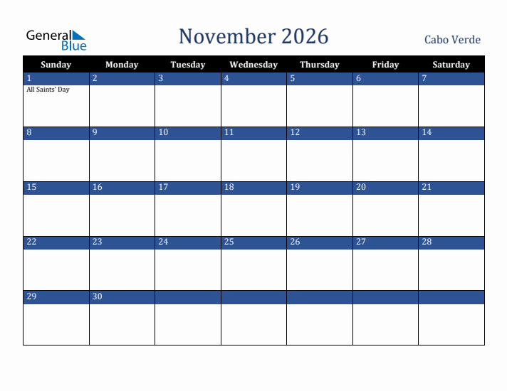 November 2026 Cabo Verde Calendar (Sunday Start)