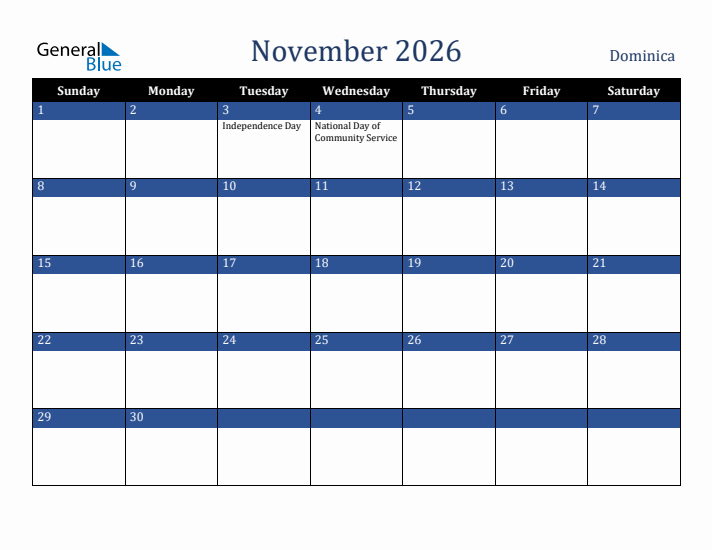 November 2026 Dominica Calendar (Sunday Start)