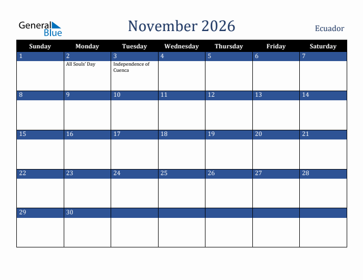 November 2026 Ecuador Calendar (Sunday Start)