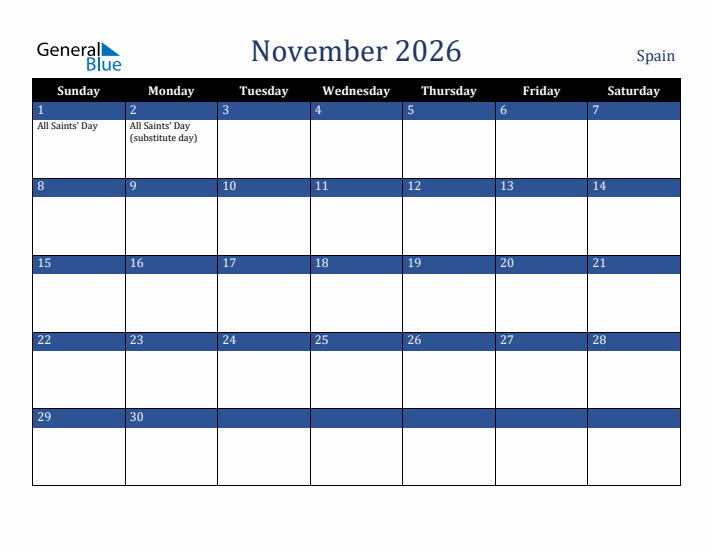November 2026 Spain Calendar (Sunday Start)